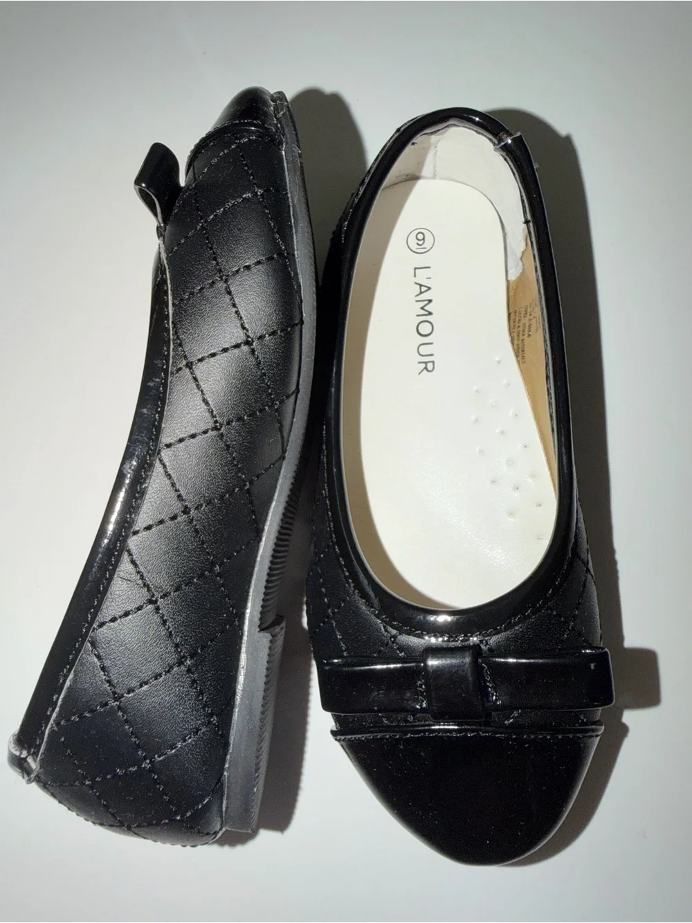 NWT L’Amour Girls Size 9 Black Quilted Cap Toe Mary Jane Flats | Bow